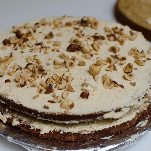 Couche de gâteau éponge avec crème et noisettes